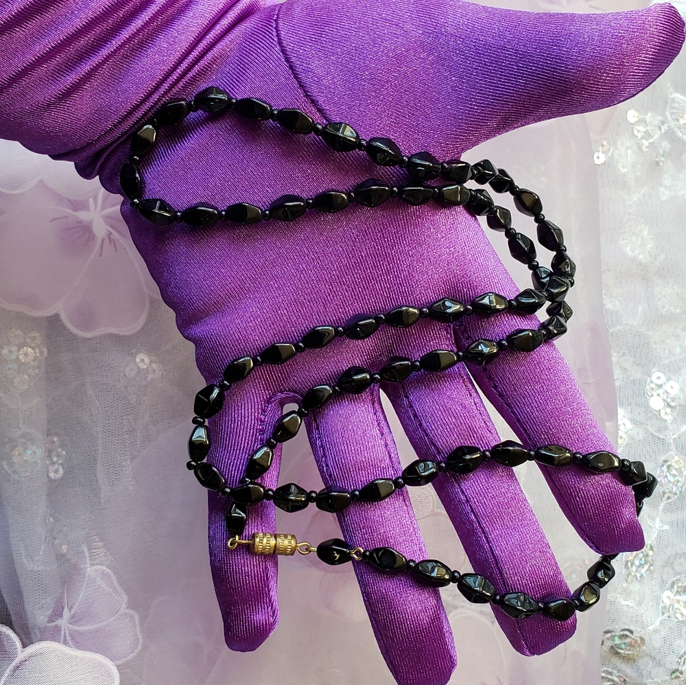 Vintage Black Glass Necklace 30.5 Inches Long
